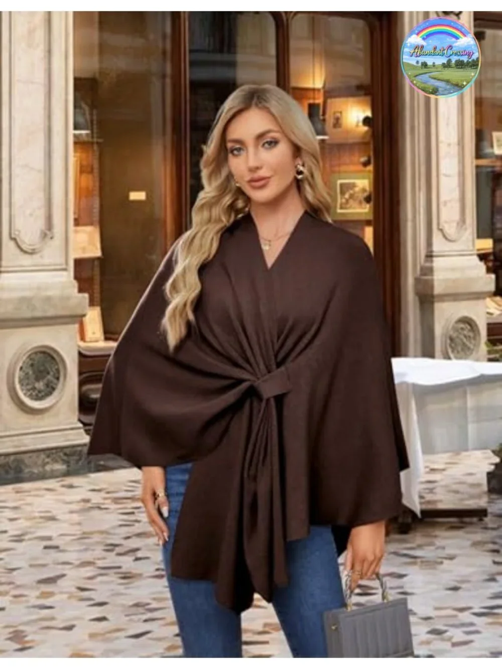 Elegant Open Front Poncho Shawl Wrap Sweater, Rayon Blend